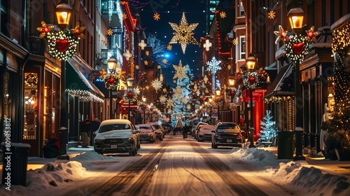 A city street at night, with Christmas lights and decorations adorning the buildings and storefronts photo