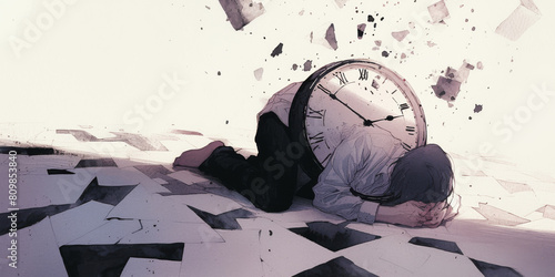 Surreal Concept Art of Man Overwhelmed by Time with Shattered Clock photo