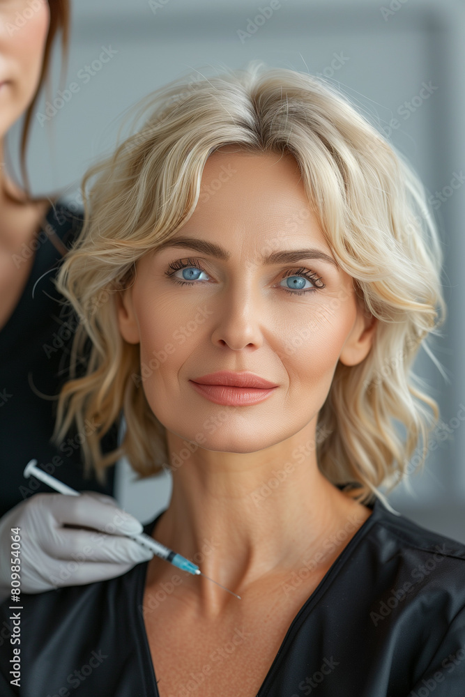 With expertise and precision, a cosmetologist utilizes a syringe to inject Botox filler into the facial lines of a 50-year-old woman. With expertise and precision, a cosmetologist utilizes a syringe to inject Botox filler into the facial lines of a 50-year-old woman.