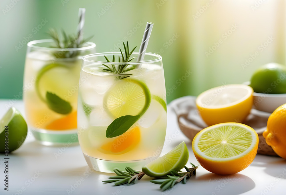 Fototapeta premium A glass of organic citrus with ice, a lime slice, and a rosemary, with a silver straw, on a white bar counter 