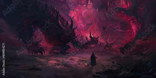 artistic illustration dark fantasy nightmare slumber land, wanderer mage facing the thorn monster with hell fire burst around, Generative Ai 
