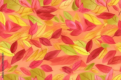 Watercolor pattern of autumn leaves, with oranges, reds, and yellows, background seamless pattern