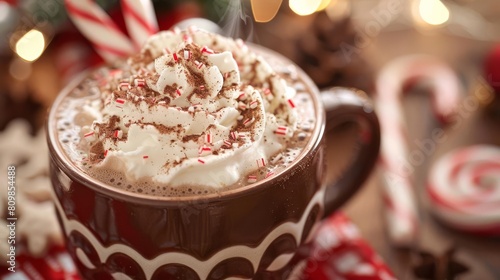 A close up of a steaming mug of hot chocolate topped with whipped cream and candy canes