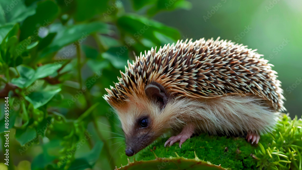 Fototapeta premium Hedgehog In The Grass Looking For Food Natural Habitat Environment 300 PPI High Resolution Image