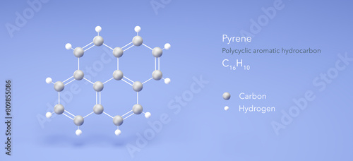 pyrene molecule, molecular structures, polycyclic aromatic hydrocarbon, 3d model, Structural Chemical Formula and Atoms with Color Coding photo