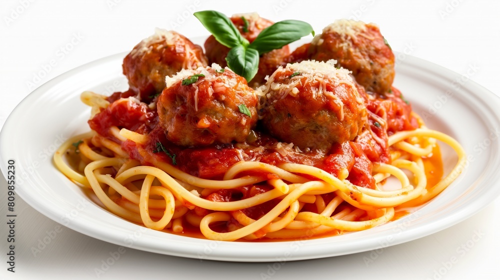 A mouthwatering plate of spaghetti and meatballs with al dente pasta coated in rich marinara sauce crowned with perfectly seasoned meatballs set against a clean white background
