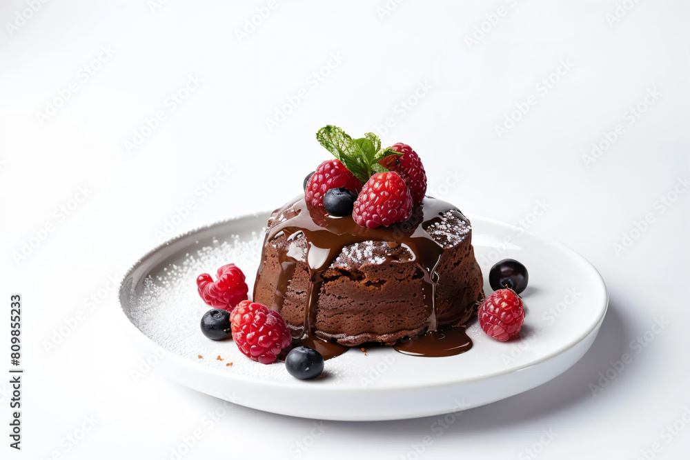 a chocolate cake with berries and mint on a white plate a chocolate cake with berries and mint on a white plate