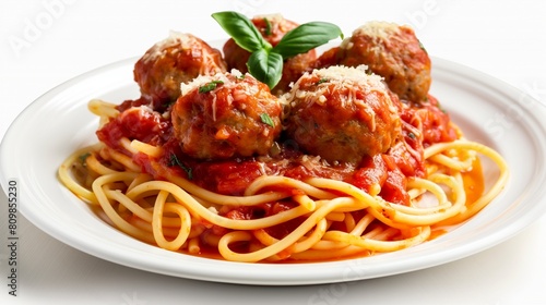 A mouthwatering plate of spaghetti and meatballs with al dente pasta coated in rich marinara sauce crowned with perfectly seasoned meatballs set against a clean white background