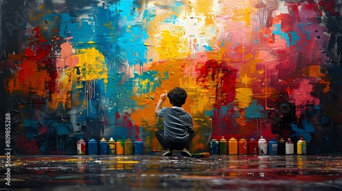 A boy painting a symphony of colors on the city's walls, his art a vibrant tribute to the rhythm of urban life