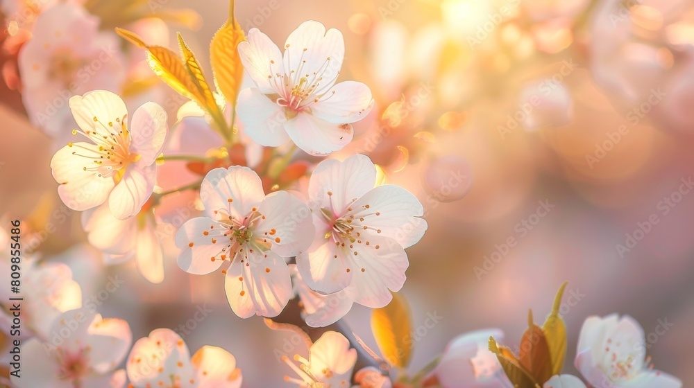 Fototapeta premium Closeup of delicate cherry blossoms in full bloom, with a blurred background of soft pink and white petals against the warm glow of sunlight filtering through the leaves.