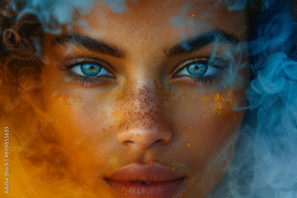 Striking portrait of a woman surrounded by golden smoke, conveying mystique and an artistic mood Striking portrait of a woman surrounded by golden smoke, conveying mystique and an artistic mood
