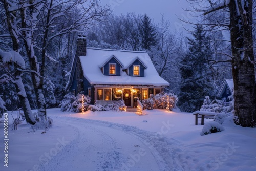 A cozy cottage blanketed in snow, warm lights glowing from the windows and a wreath on the door © INT888