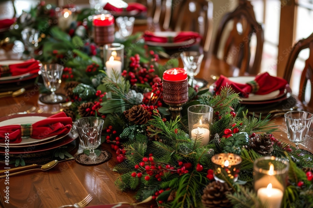 A festive holiday table setting with red and green accents, candles, and a centerpiece of evergreen branches and berries A festive holiday table setting with red and green accents, candles, and a centerpiece of evergreen branches and berries