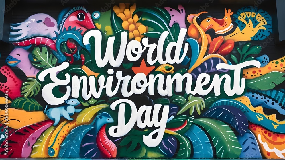 Obraz premium World environment Day illustration background with colorful plants. World earth day graffiti art.