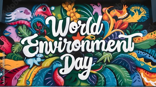 World environment Day illustration background with colorful plants. World earth day graffiti art.