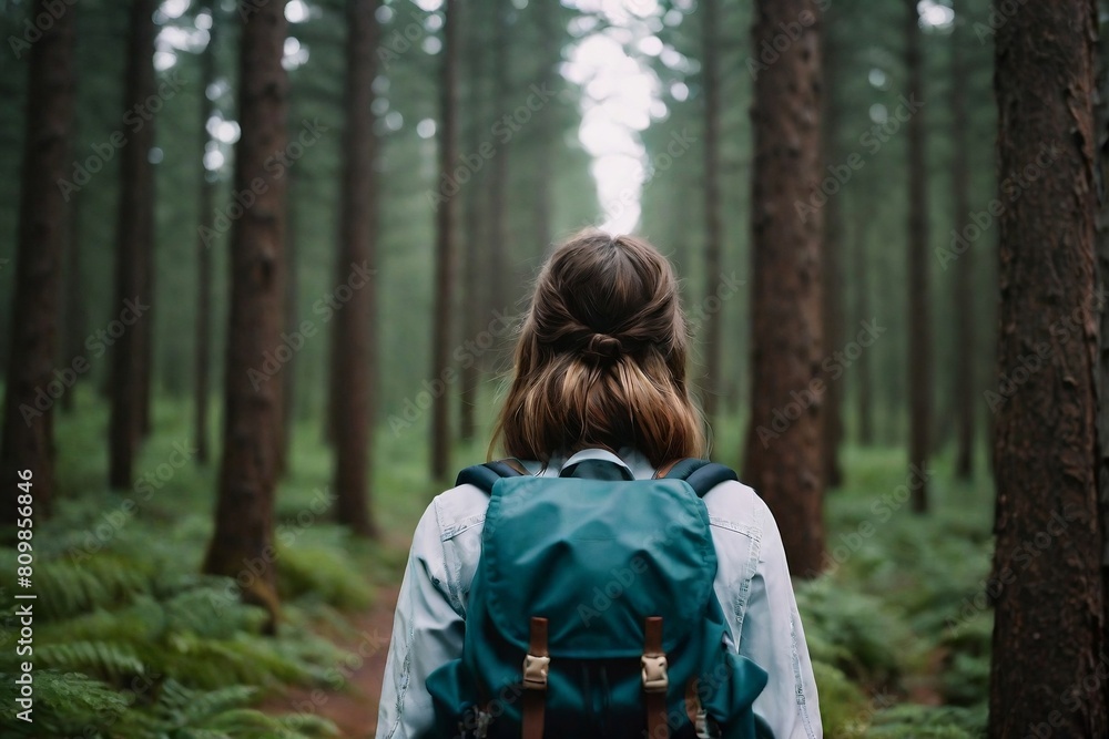 Back view of a backpacker girl in the forest with copy space. Camping and Inspiration Concept. Back view of a backpacker girl in the forest with copy space. Camping and Inspiration Concept.