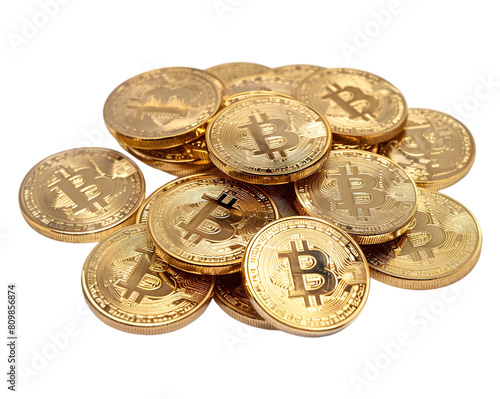 Pile of golden bitcoins, cripto coins on transparent background