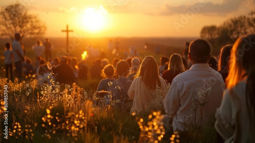 Enchanting images of families attending an Easter sunrise service, with worshippers gathered outdoors to celebrate the resurrection of Jesus Christ photo