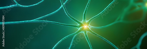 Conceptual illustration of neuron cells with glowing link knots green Neurons in brain on with focus effect Synapse and Neuron cells sending electrical chemical signals