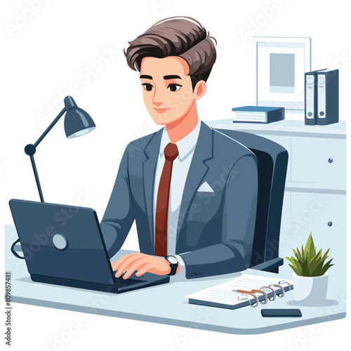 Illustration of an attractive young secretary sitting at her desk working on a laptop vector