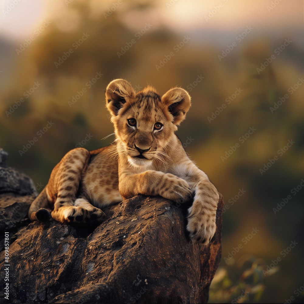 Obraz premium Adorable Lion Cub Resting Curiously on a Rock with Wilderness Backdrop in Soft Lighting. Portrait of a cute and funny wild lion cub looking at the camera