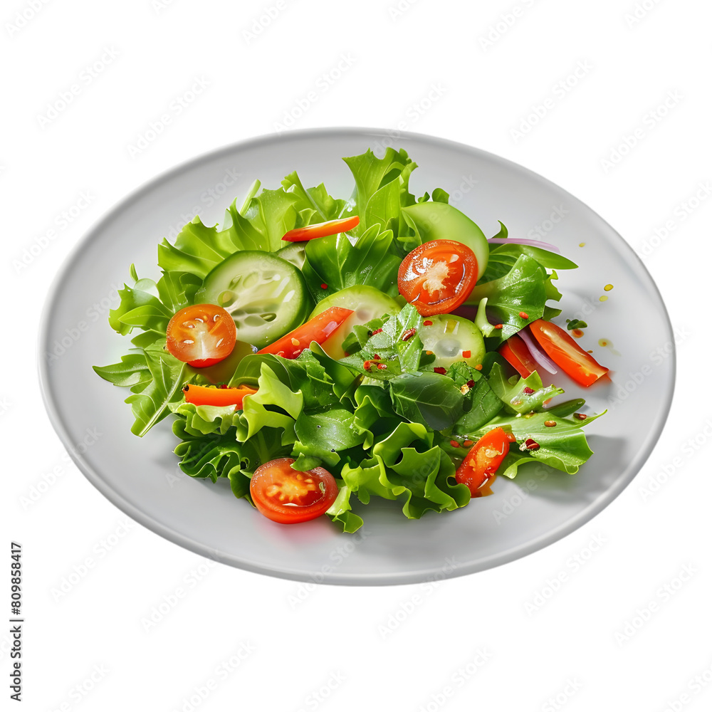 A fresh, green salad with mixed vegetables and a light vinaigrette on a white plate on transparent background A fresh, green salad with mixed vegetables and a light vinaigrette on a white plate on transparent background
