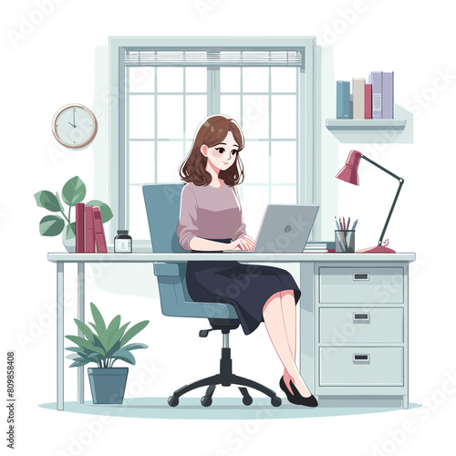 Illustration of an attractive young secretary sitting at her desk working on a laptop vector