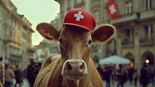 Close-up of a cow wearing a red Swiss cap in a bustling city square.

