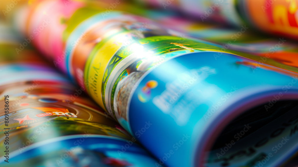 Colorful magazine pages rolled up showcasing vibrant travel photography and illustrations.


