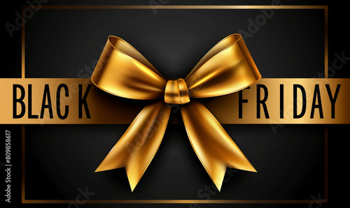 "Black Friday" golden text with a shiny gold bow on a black background.