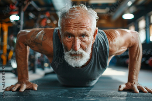 strong and muscular aged senior man exercising and does push-ups in the gym photo
