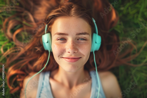 Smiling Young Woman Relaxing on Grass with Headphones Enjoying Music
