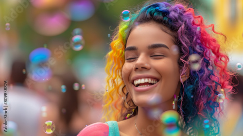 Joyful Woman with Colorful Curly Hair Surrounded by Soap Bubbles
