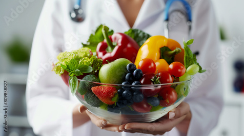 Doctor holding a plate of fresh fruits and vegetables promoting a healthy diet.

