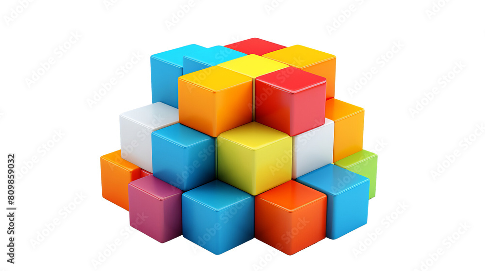 Colorful 3D blocks stacked up in a pyramid shape on a black background. Colorful 3D blocks stacked up in a pyramid shape on a black background.