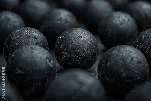 Detailed close-up of matte black spheres with a textured, rough surface, suggesting a minimalistic abstract concept