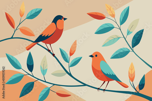 A pair of stylized birds sitting on a branch with autumn leaves