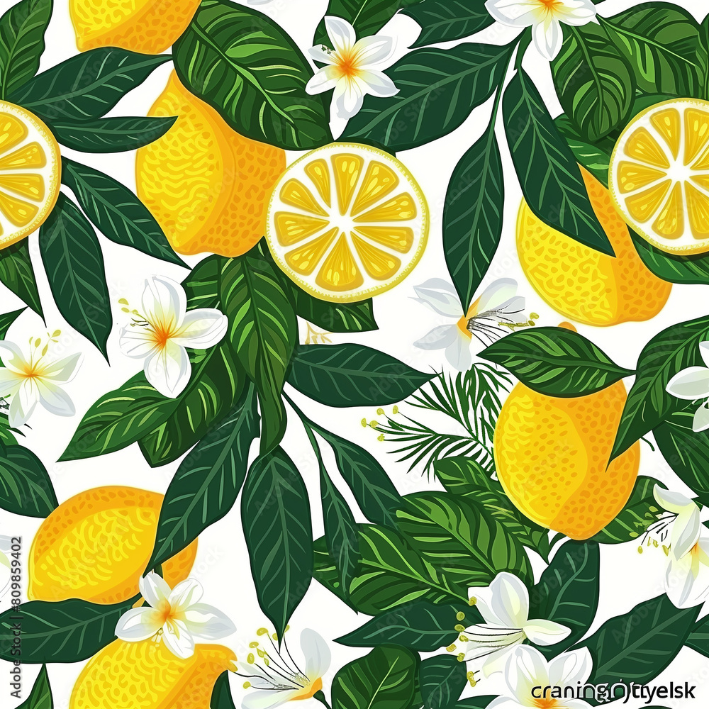 Tropical summer seamless pattern with lemons, leaves and flowers. Citrus fruit background. Modern trendy design for paper, cover, fabric. Tropical summer seamless pattern with lemons, leaves and flowers. Citrus fruit background. Modern trendy design for paper, cover, fabric.