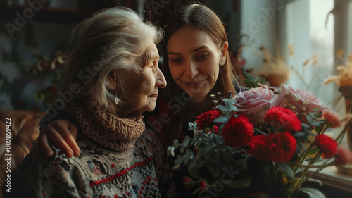 Older woman hugging younger woman with bouquet of flowers