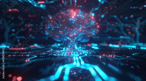 Circuit board with a glowing brain made of red and blue particles