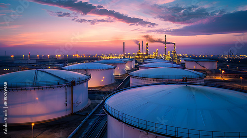 Majestic twilight sky illuminates the expansive oil refinery with storage tanks and smokestacks