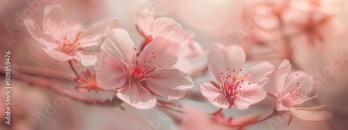 Closeup of delicate cherry blossoms in full bloom, with a blurred background of soft pink and white petals against the warm glow of sunlight filtering through the leaves.