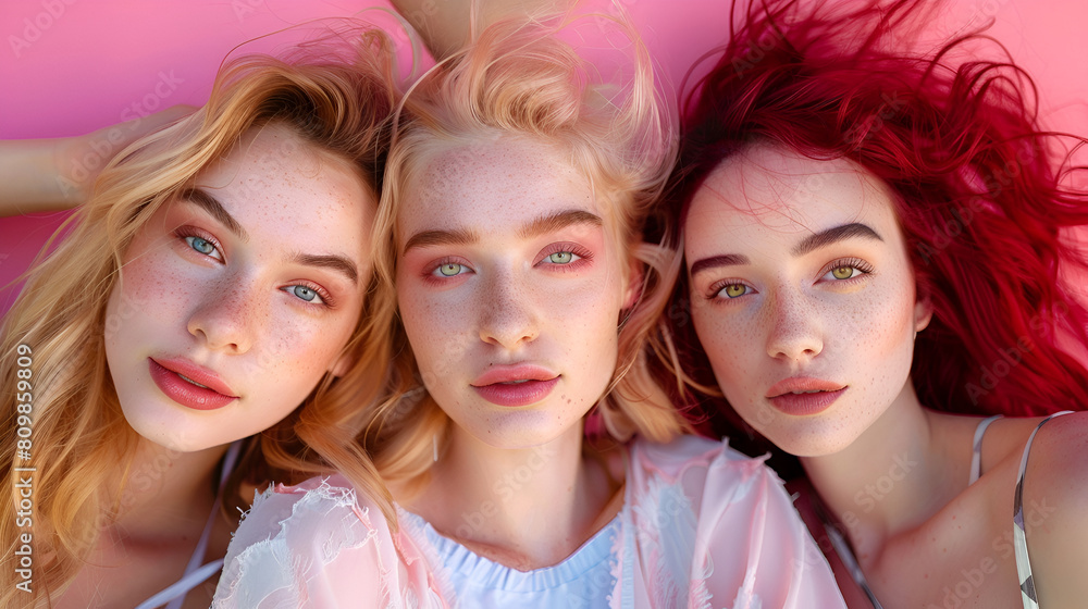 portrait of three young women on the pink background portrait of three young women on the pink background