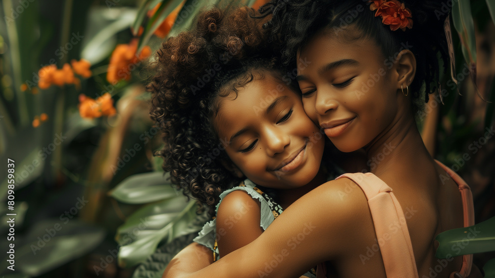 Two young girls hugging in front of flowers Two young girls hugging in front of flowers
