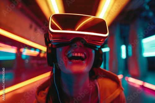 Medium shot of a woman taking off her VR headset, neon joy evident in her expression following a virtual esports win, VR headset detail, futuristic and interactive gaming, virtual reality goggles © Kinza