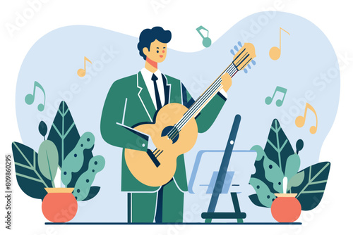 A man in a suit plays guitar beside a music stand, surrounded by plants