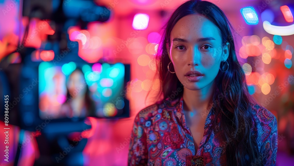 Professional female model posing for a video shoot with colorful neon lights Professional female model posing for a video shoot with colorful neon lights