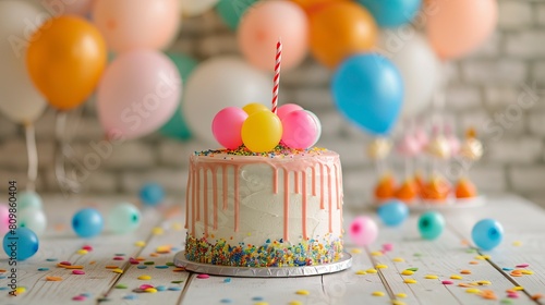 A birthday cake and balloons in a Solid Background