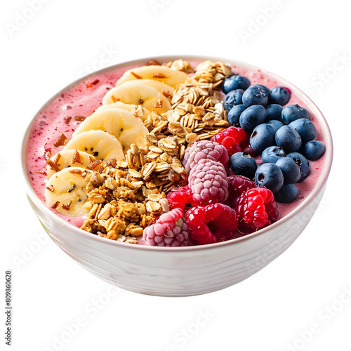 A fruit smoothie bowl with granola and fresh berries on transparent background