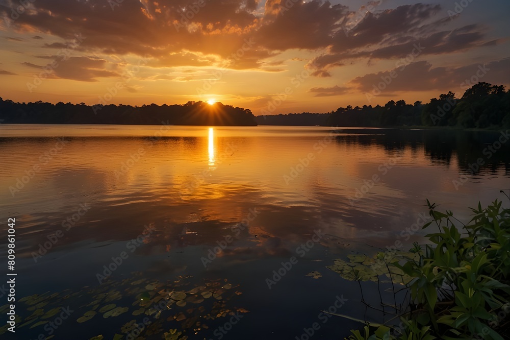  vibrant sunset casting golden hues over a tranquil lake surrounded by lush greenery -